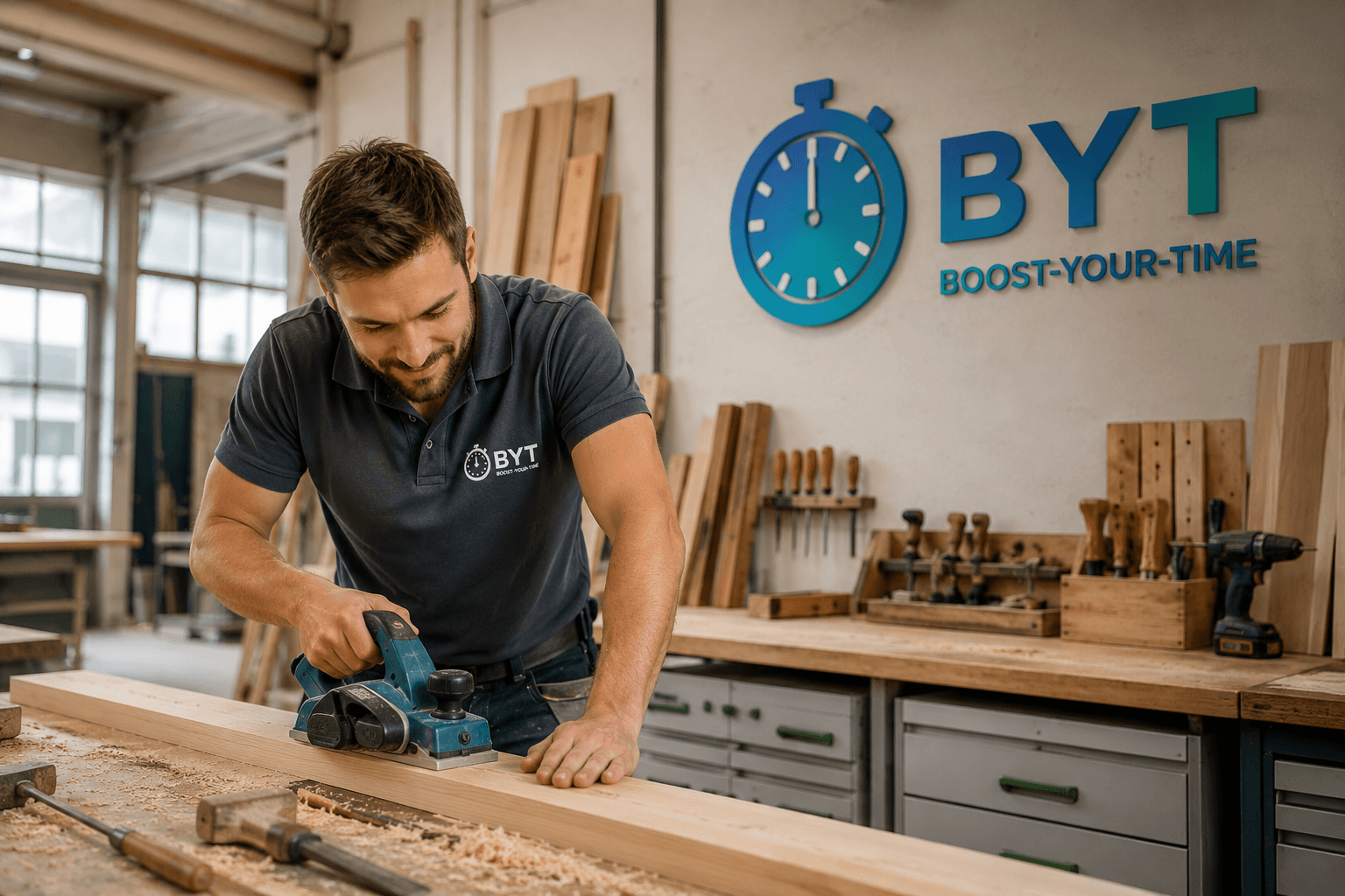 Handwerker nutzt Boost-Your-Time zur digitalen Zeiterfassung in der Werkstatt