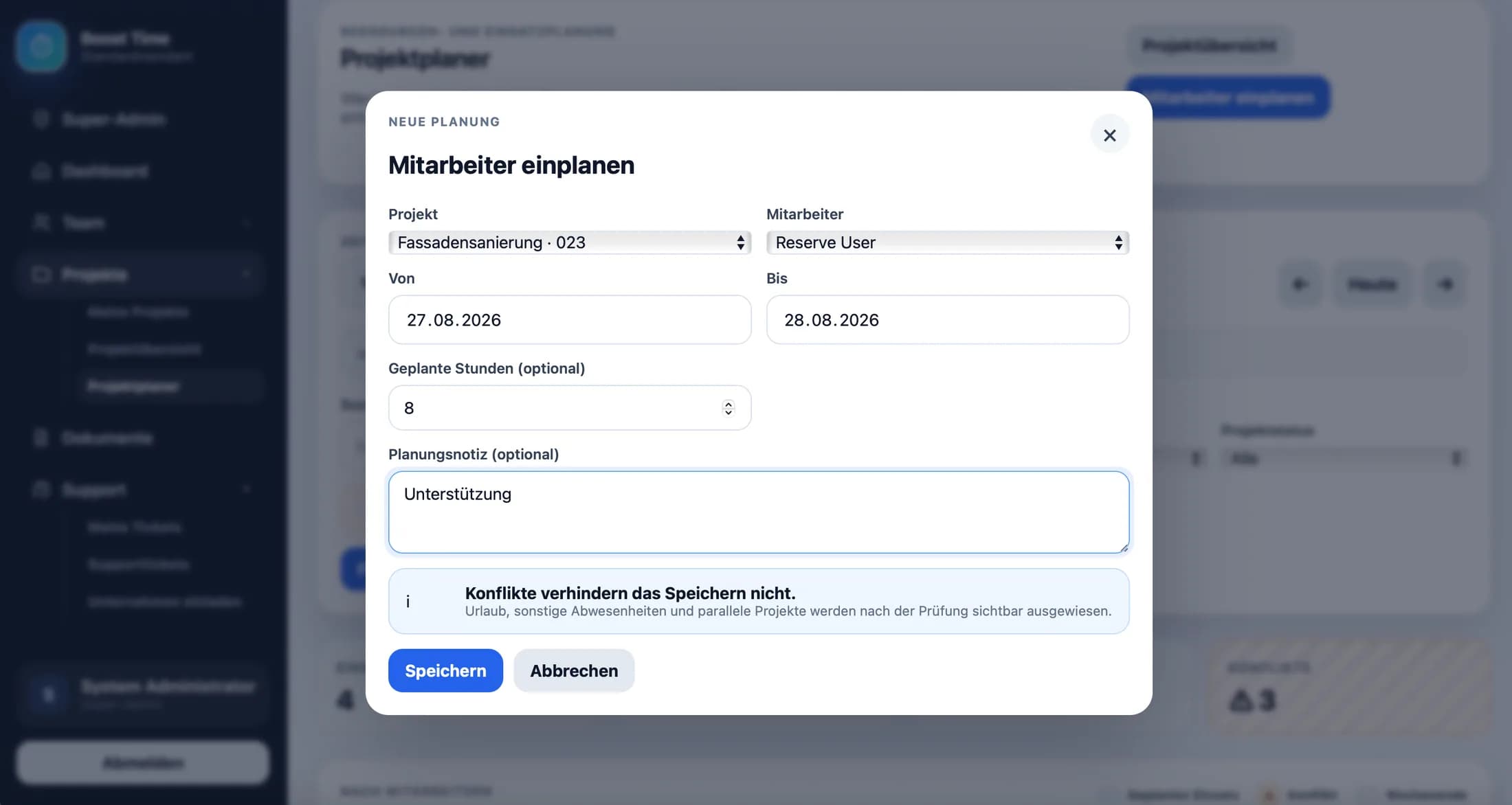 Dialog im BYT Projektplaner zum Einplanen eines Mitarbeiters mit Projekt, Zeitraum, geplanten Stunden und Konflikthinweis