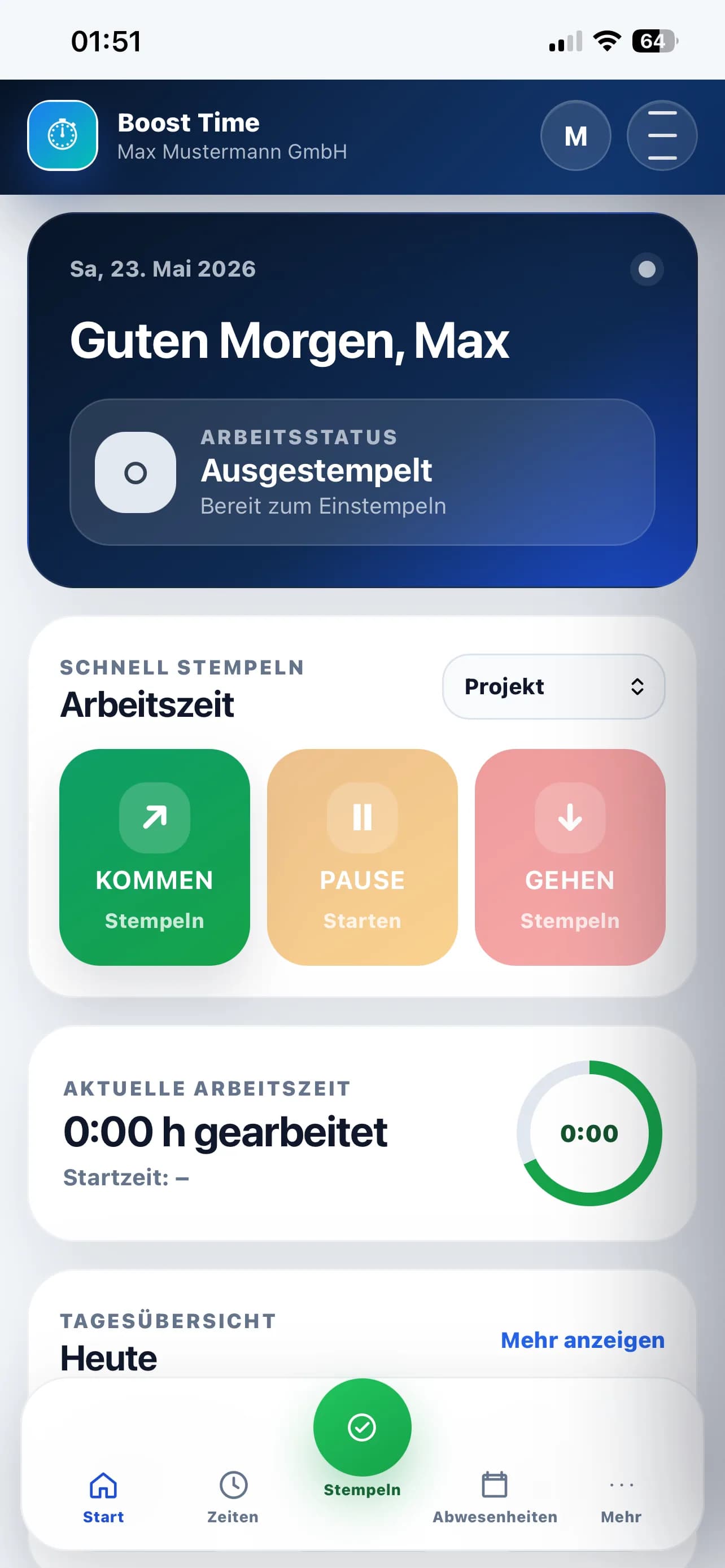 Boost-Your-Time mobile Zeiterfassung Dashboard