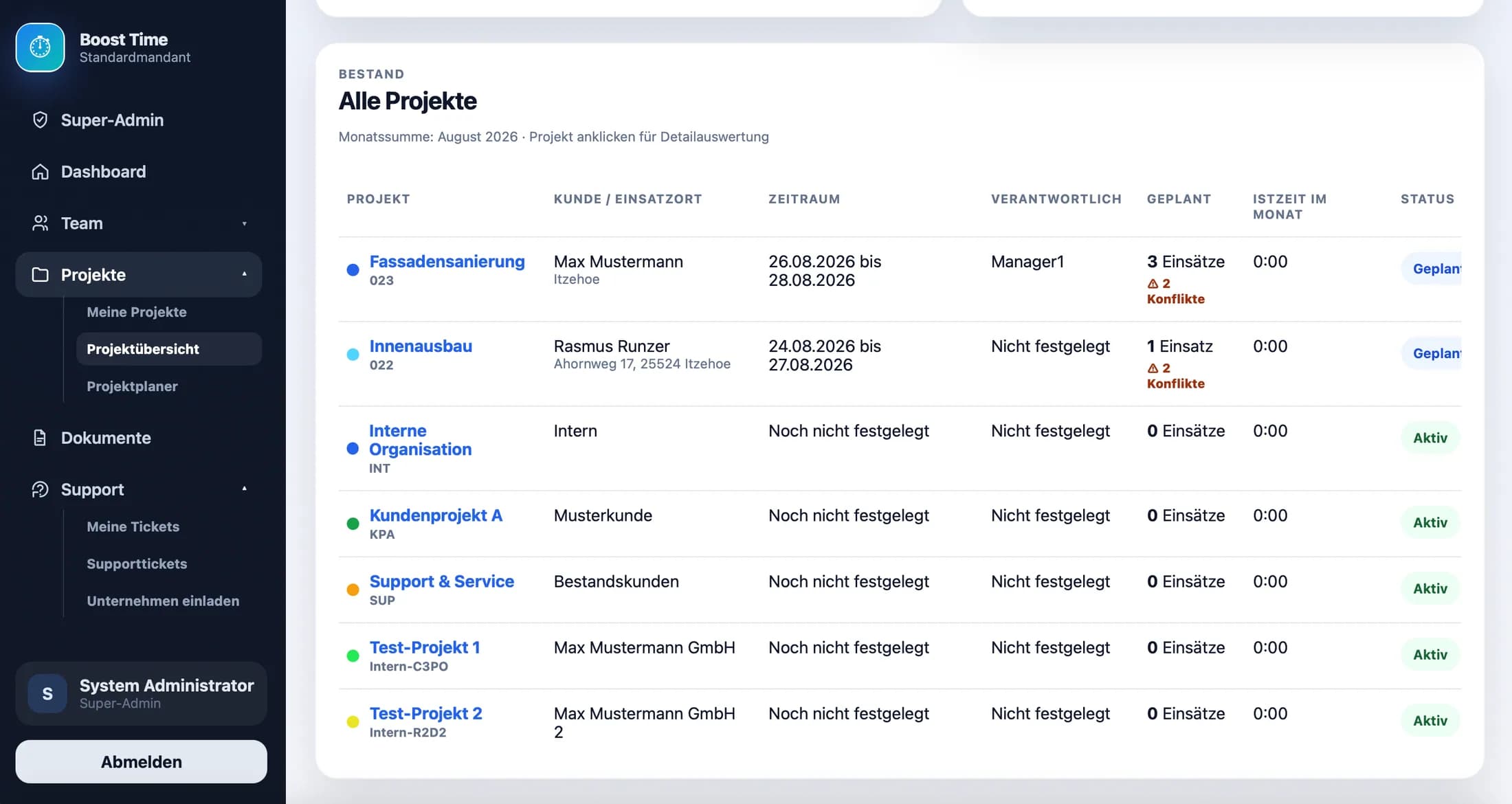 BYT Projektübersicht mit Projektcode, Kunde, Einsatzort, Zeitraum, Verantwortlichem, geplanten Einsätzen, Konflikten, Ist-Zeit und Status