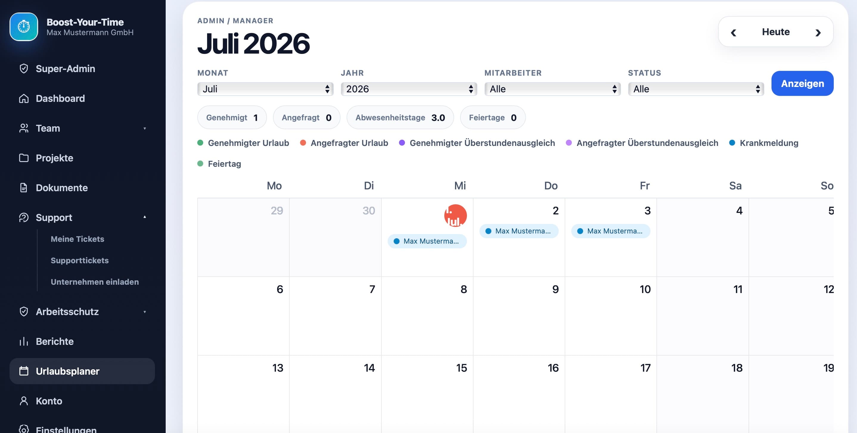Digitaler Urlaubskalender für Unternehmen in Boost-Your-Time