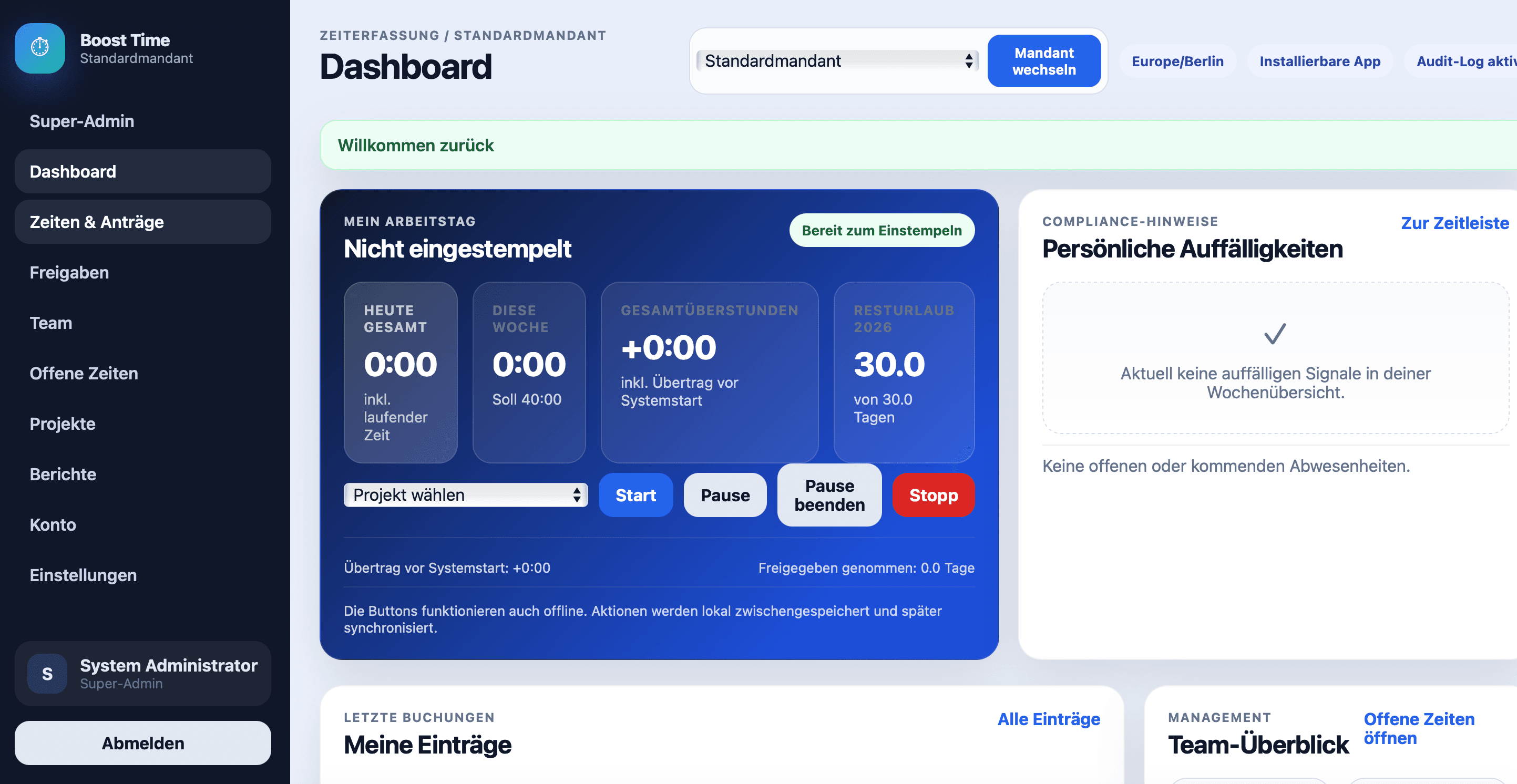 Dashboard von Boost-Your-Time