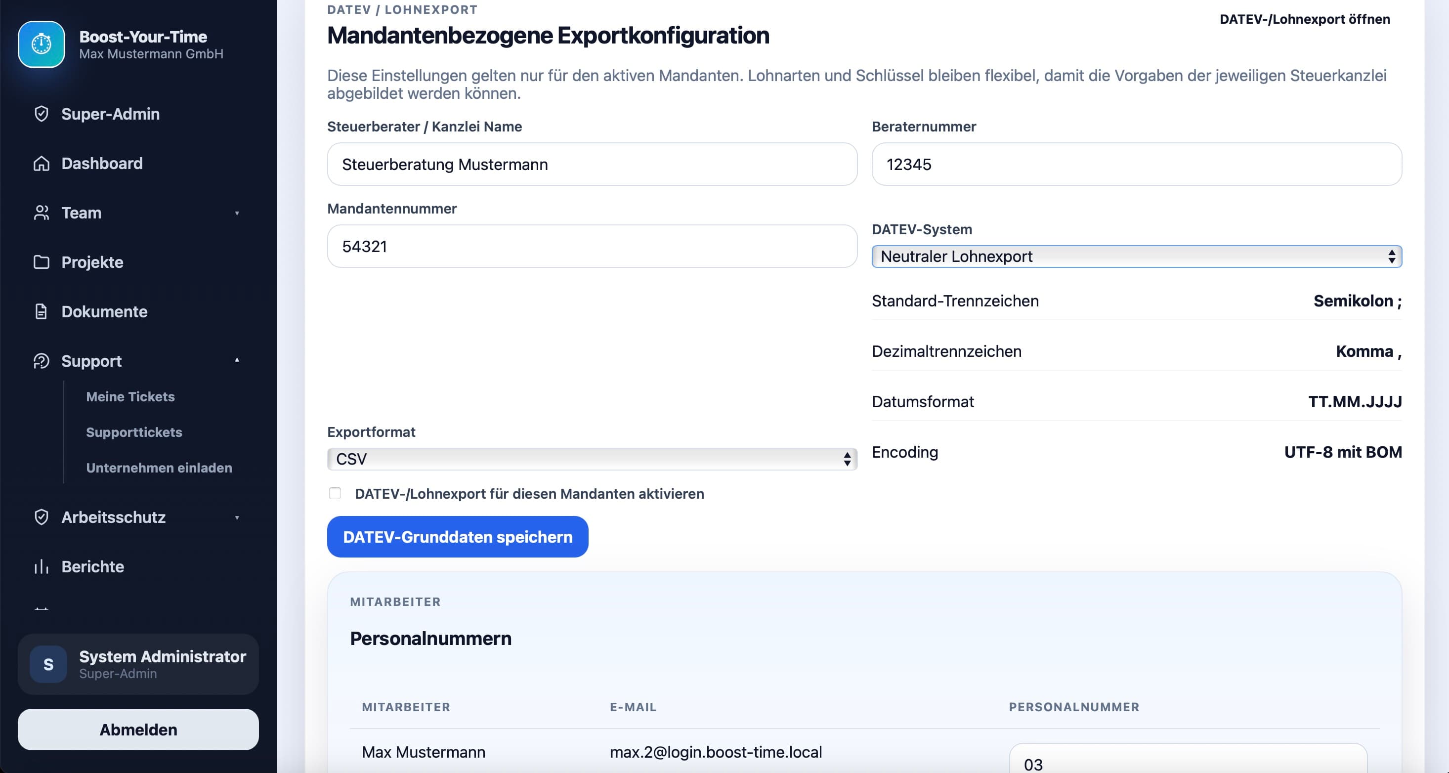 DATEV-kompatible Exportkonfiguration in Boost-Your-Time