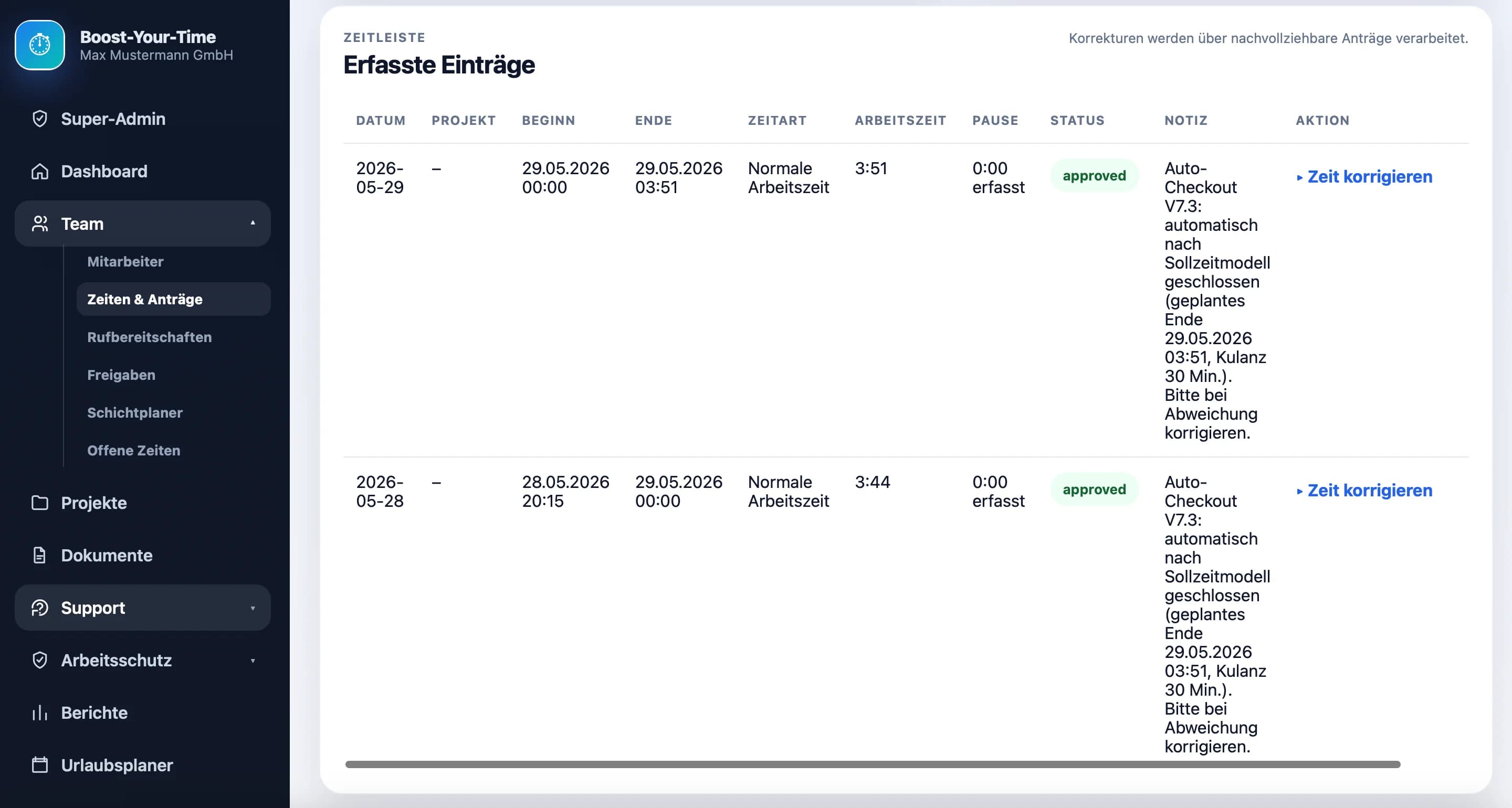 Arbeitszeit-Zeitliste mit erfassten Einträgen in Boost-Your-Time Reports