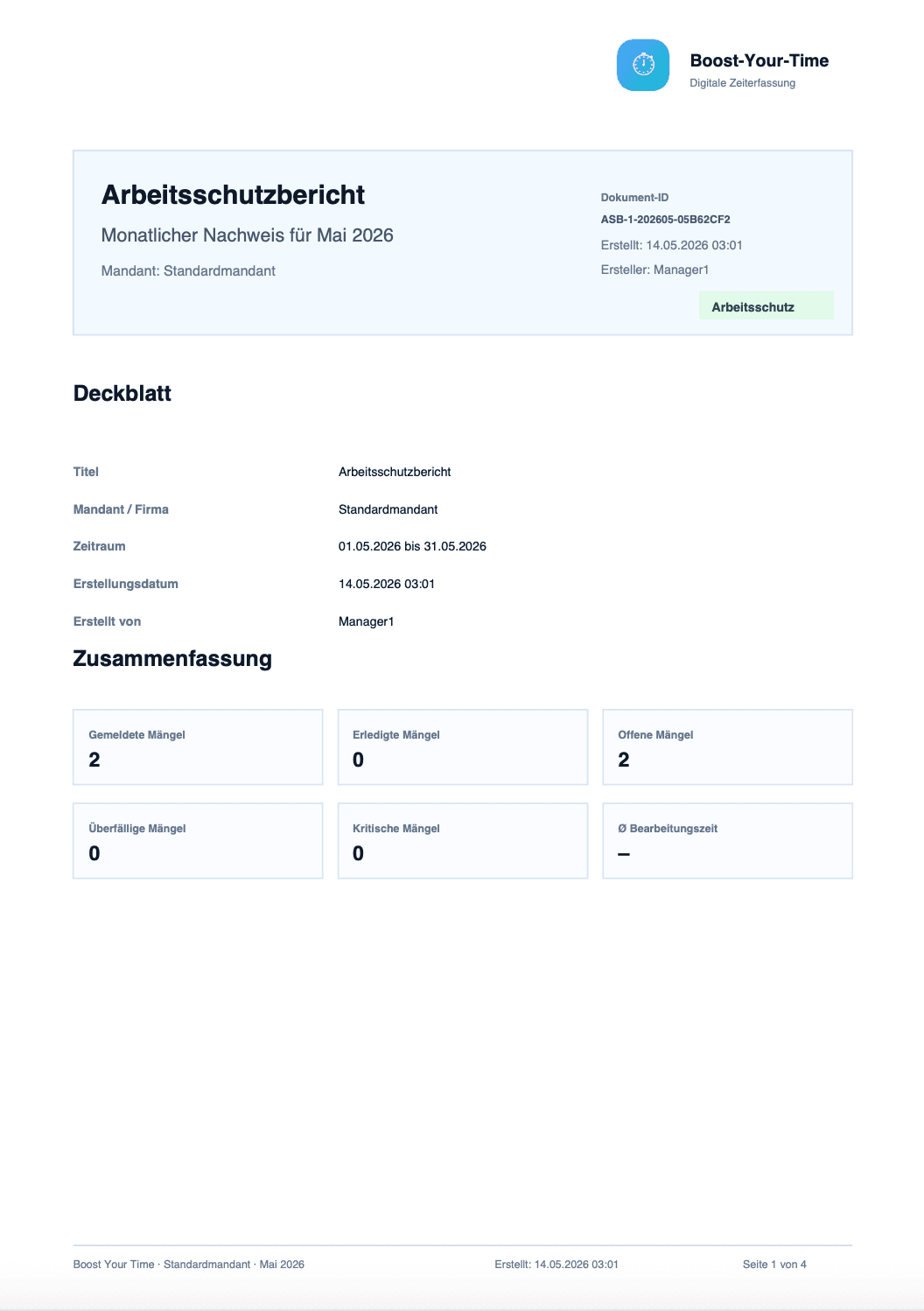Beispiel für einen Arbeitsschutzbericht in Boost-Your-Time