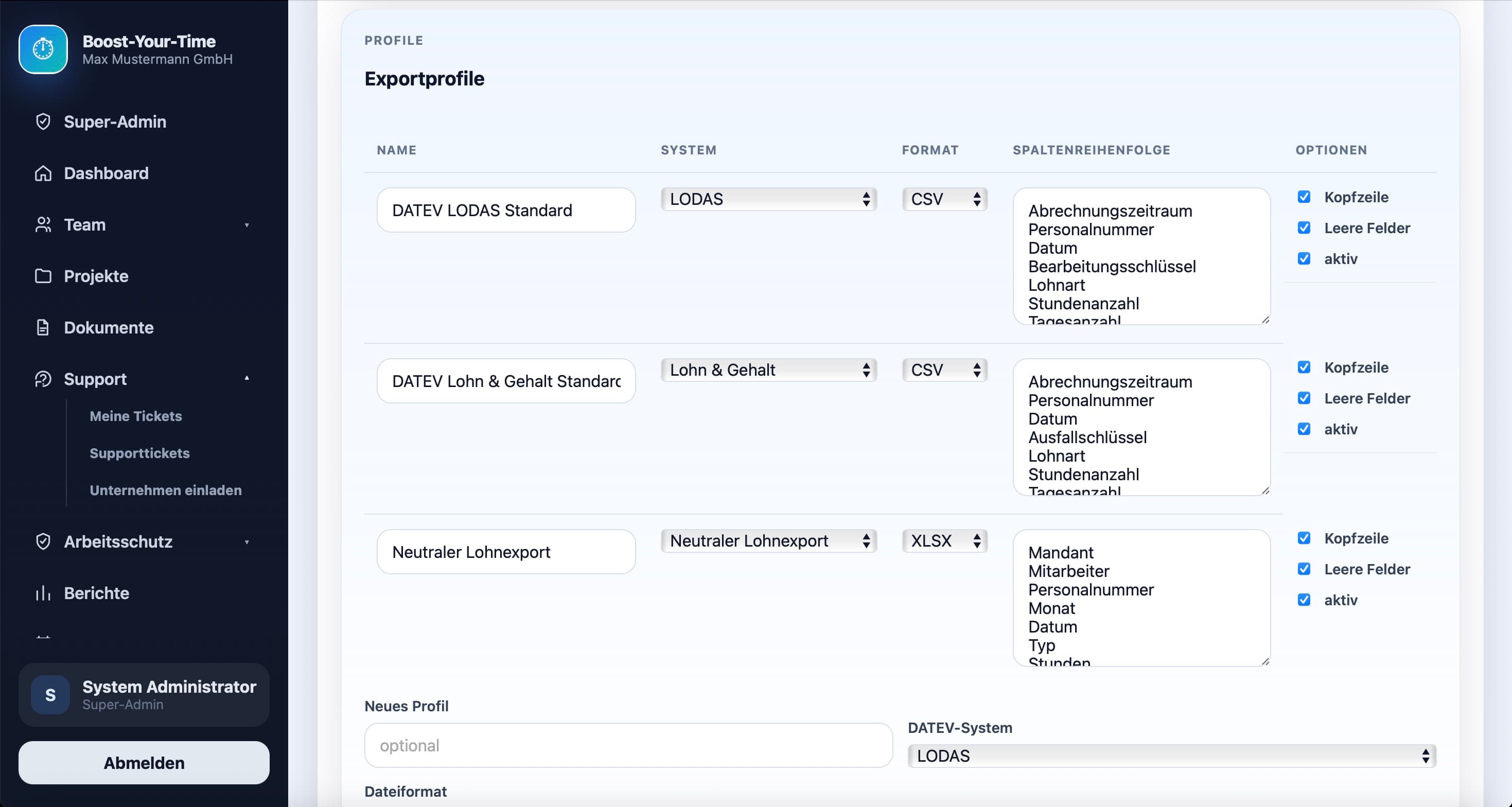 Exportprofile für DATEV LODAS Lohn und Gehalt in Boost-Your-Time