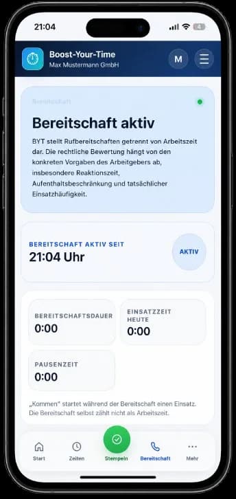 Aktive Rufbereitschaft in der mobilen Boost-Your-Time App